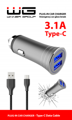 Autonabíječka 2x USB (3.1A) + datový kabel Type C, stříbrná