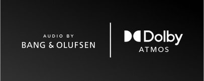 Černý obrázek s bílým textem „AUDIO BY BANG & OLUFSEN“ vlevo a logem „Dolby Atmos“ vpravo, oddělené svislou čarou.