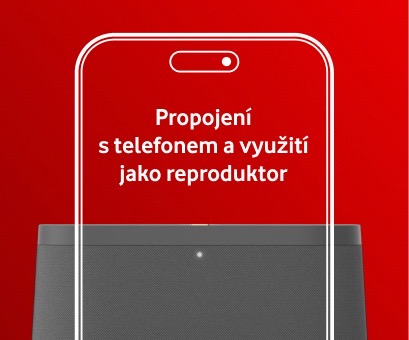 Bílý obrysek mobilního telefonu s textem 'Propojení s telefonem a využití jako reproduktor' na červeném pozadí.