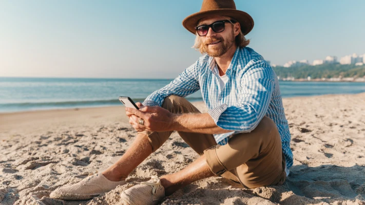 Muž sedí na pláži s mobilem v ruce