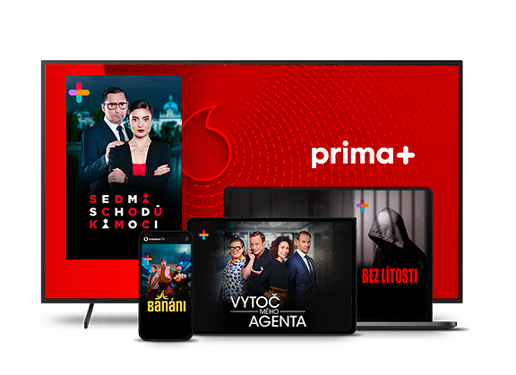 Vodafone TV zařízení s obrázky Prima+ a Sedm schodů k moci