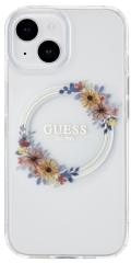 Pouzdro iPhone 15 Guess PC/TPU Flowers Ring Glossy Logo MagSafe (průhledná)