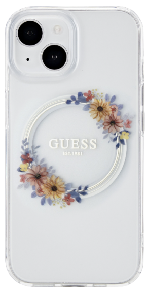Pouzdro iPhone 15 Guess PC/TPU Flowers Ring Glossy Logo MagSafe