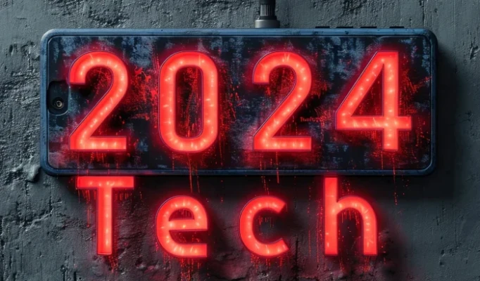 Neonový nápis na zdi: 2024 Tech