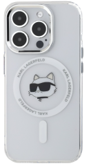 Pouzdro iPhone 15 Pro Karl Lagerfeld IML Choupette Head Metal Frame MagSafe, průhledná