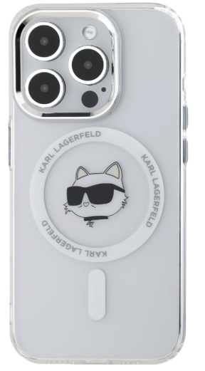 Pouzdro iPhone 15 Pro Karl Lagerfeld IML Choupette Head Metal Frame MagSafe