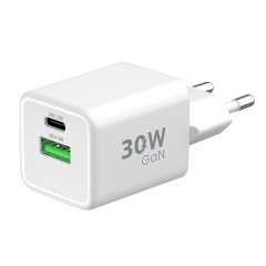 Síťová nabíječka GaN 2xUSB/30W USB-C PD3.0/QC4+ 18W USB-A, bílá