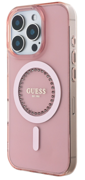 Pouzdro iPhone 16 Pro Guess MagSafe IML Rhinestones/Classic Logo