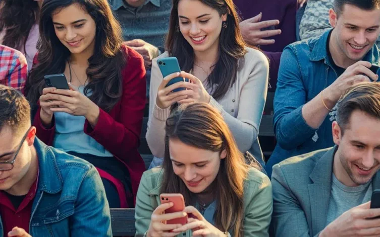 Pohled na sedící skupinu mladých lidí, kteří se všichni dívají do mobilního telefonu